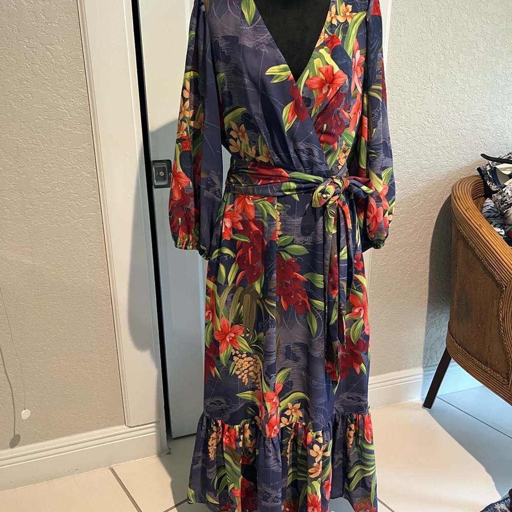 Tommy Bahama Blue Maxi Dress with Red TropicalFloral Print Surplice Pockets